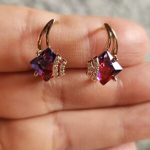 New 14K Gold Plated Princess Cut Multicolored Gemstones Diamond Earrings